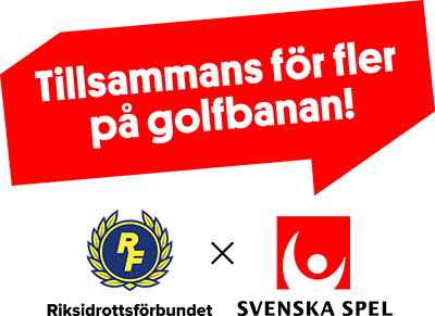 Riksidrottsförbundets och Svenska Spels logotyper. Ovanför en röd pratbubbla med texten Tillsammans för fler på golfbanan!