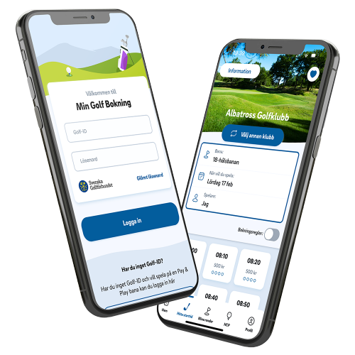 Frilagd bild av två mobiltelefoner med skärmdumpar från appen Min Golf Bokning. 