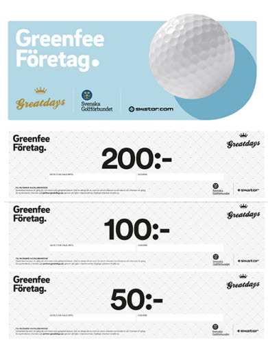 Bild på checkhäftet Greenfee Företag med checkar i valörerna 200, 100 och 50 kronor.