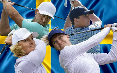 Fyra golfspelare - två män och två kvinnor - svingar i halvfigur, frilagda mot en svensk flagga.