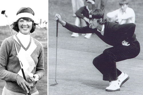 Tvådelad bild  med två svartvita bilder på Liv Wollin. Till vänster porträttbild med klubba, boll, stor leende och vitt pannband. Till höger, i svart pannband läser puttlinje vid golftävling.