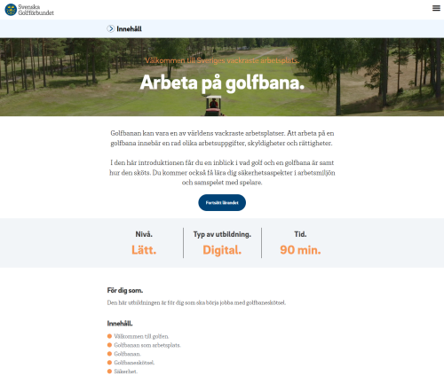 Startsida på en digital utbildning med namnet Arbeta på golfbana. 