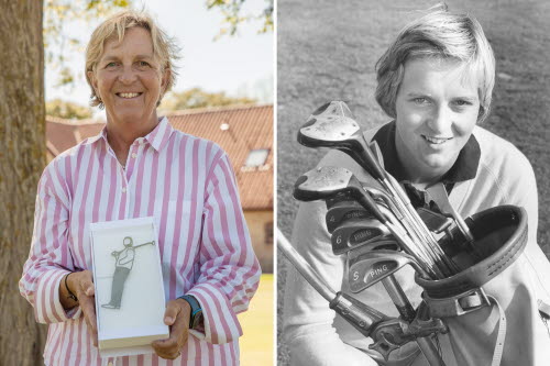 Tvådelad bild av golfspelaren och golftränaren  Pia Nilsson. Till vänster ett porträtt från 2023 då hon valdes in i Sveriges Golf Hall of Fame. Till höger svartvit bild från 80-talet på ung Pia med sin golfbag. 