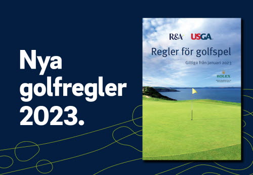 Bild med blå bakgrund och neongrönt mönster. Texten Nya golfregler 2023 och framsida av regelboken. 