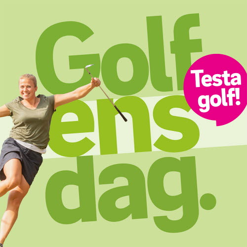 Kampanjbild Golfens dag - testa golf. Glad tjej hoppar med golfklubba. Grön text på ljusgrön botten. 