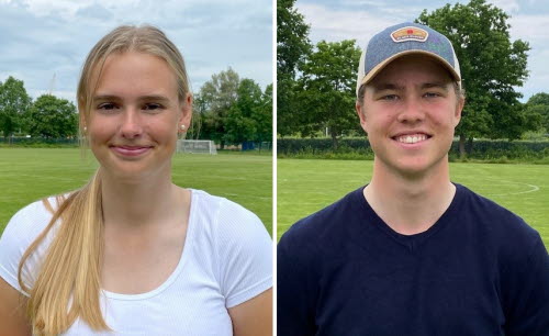 Porträttbild utomhus på två ungdomar i 16-årsålder, uppdelad i två. Till vänster en flicka med blont hår och vit t-shirt. Till höger en pojke i keps och blå tröja. 