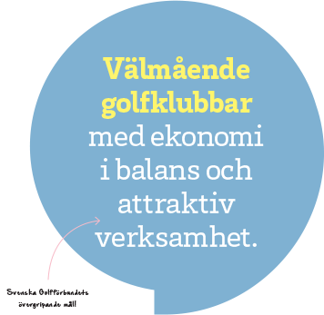 Ljusblå pratbubbla med texten "Välmående golfklubbar med ekonomi i balans och attraktiv verksamhet" - Svenska Golfförbundets övergripande mål.