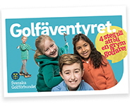 Framsida Golfäventyret-häftet, glada barn med golfklubbor