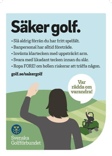 Affisch för säker golf, med ett antal rutiner för att spelare och banpersonal ska känna sig trygga på golfbanan.