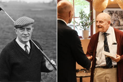 Tvådelad bild. Till vänster en svartvit bild äldre på en man som står på en golfbana med en golfklubba över axeln. Till höger en prisutdelning där en äldre man tar emot ett pris.