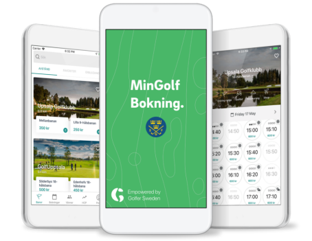 Tre mobiltelefoner med appen Min Golf Bokning som visar appens startbild, lista över klubbar samt starttidsschema