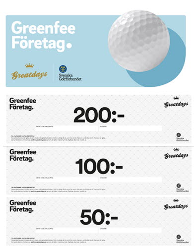 Bild på ett checkhäfte, reklampaketet Greenfee Företag, med 200 kr, 100 kr och 50 kr som valörer. 