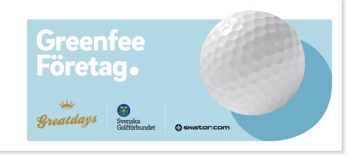 Framsida på ett häfte med greenfeecheckar. Ljusblå bakgrund och en frilagd golfboll med skugga. Texten Greenfee företag och logotyp från Greatdays, Svenska Golfförbundet och Skistar.com. 