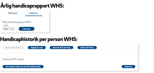 Skärmdump från GIT Online över var klubbens handicapkommitté kan ladda ner årlig handicaprapport och handicaphistorik per person. 