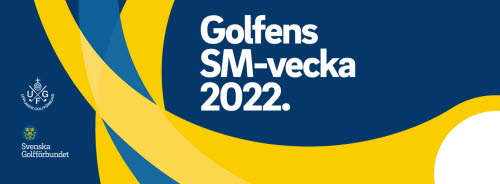 Grafisk profil för Golfens SM-vecka med logotyp och symbol mot blå bakgrund. 
