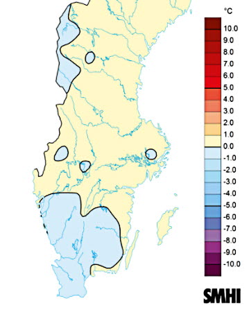 Sverigekarta från SMHI som visar temperaturavvikelser mars-maj 2021. Cirka 1 grad lägre än normalt särskilt i sydvästra Sverige