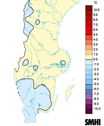 Sverigekarta från SMHI som visar temperaturavvikelser mars-maj 2021. Cirka 1 grad lägre än normalt särskilt i sydvästra Sverige