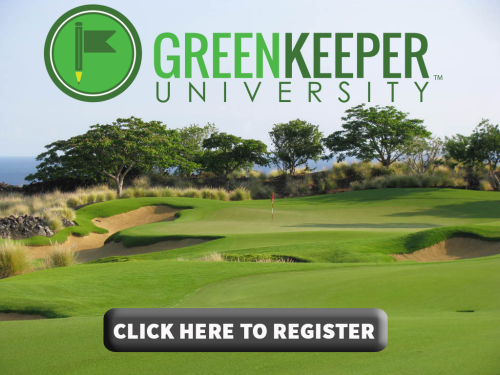 Bild från en golfbana med logotyp för Greenkeeper University och texten Click here to register